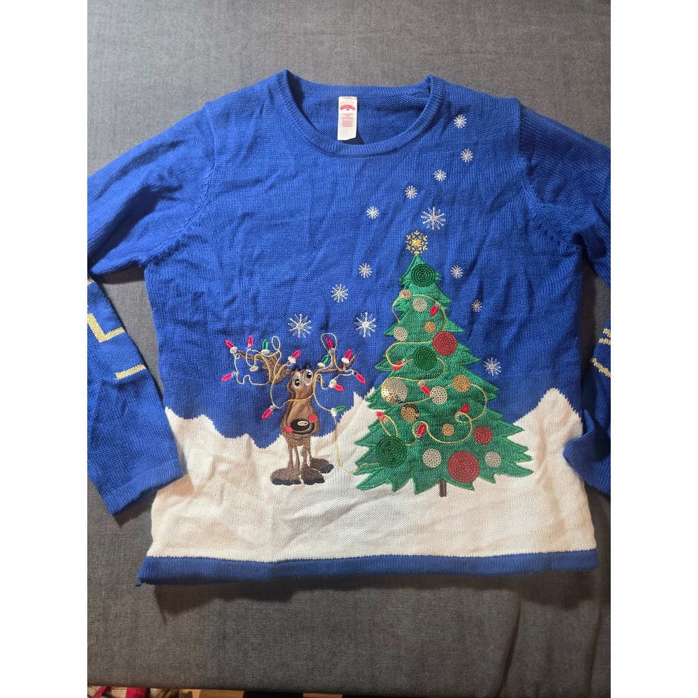 Holiday Time Light-up Ugly Christmas Sweater w Reindeer Tree Ornaments Sz XXL